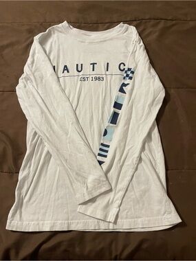Boys Nautica White Long-Sleeve Shirt with Navy Logo and Stripe Sleeve